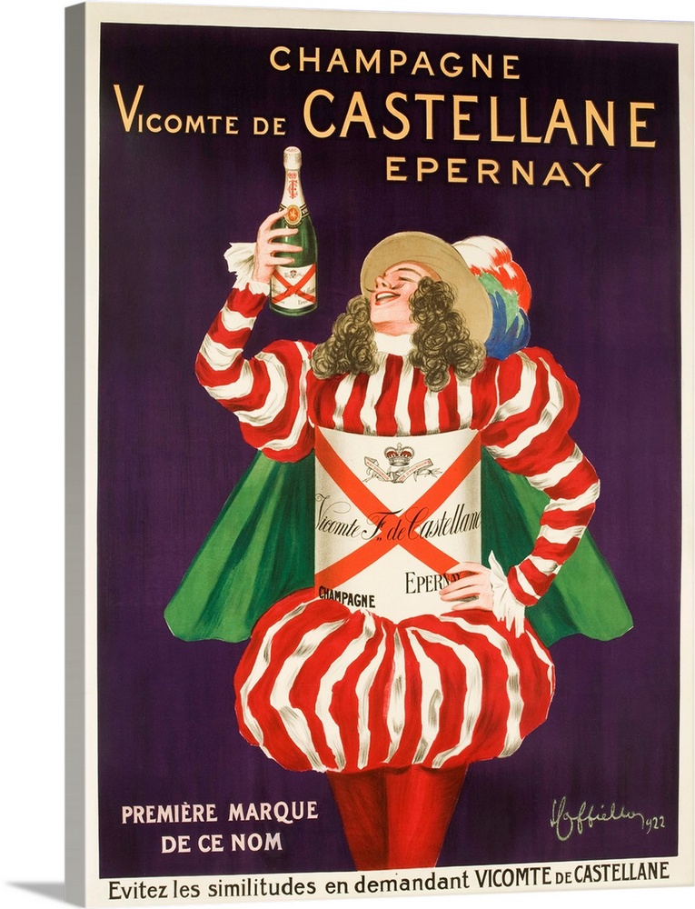 Champagne Castellane French Advertising Poster, (1875-1942) ca 1922. Laughing costumed man proudly holds a bottle of Caste...