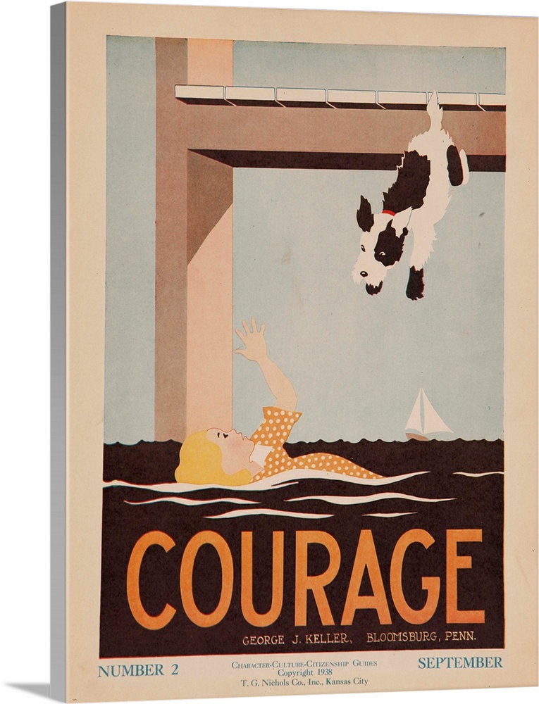 1938, illustrated by George Heller, Dog jumps into water to save drowning girl