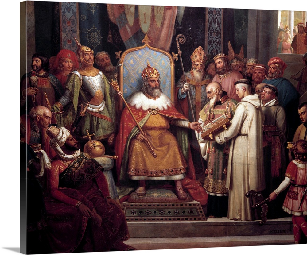 Charlemagne surrounded by his principal officers welcomes Alcuin who shows him manuscripts, work of his monks in 781. Deta...
