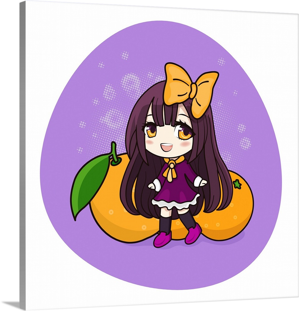 Cute and kawaii girl with brown hair. Happy manga chibi girl with oranges. Originally a vector illustration.