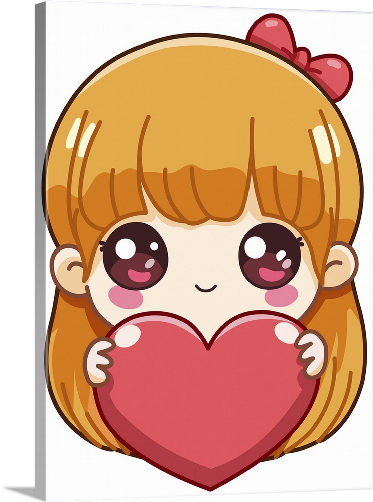 Cute little girl holding a big heart in a chibi style.