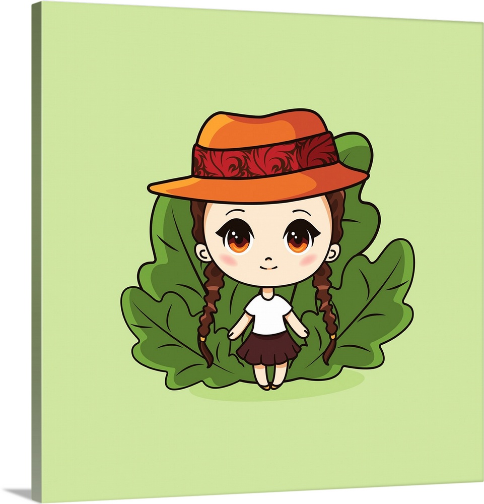 Cute and kawaii girl in hat. Happy manga chibi girl with leaves. Originally a vector illustration.