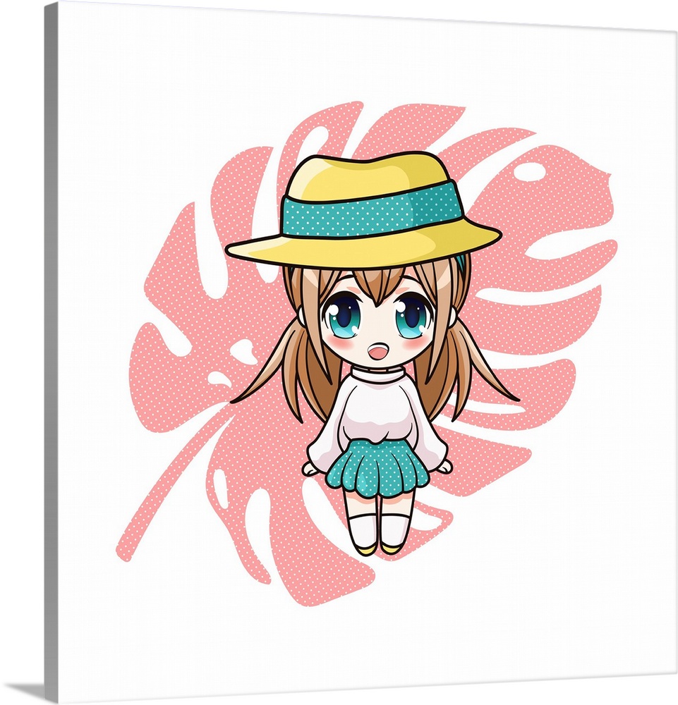 Cute and kawaii girl in hat. Happy manga chibi girl with monstera leaf. Originally a vector illustration.