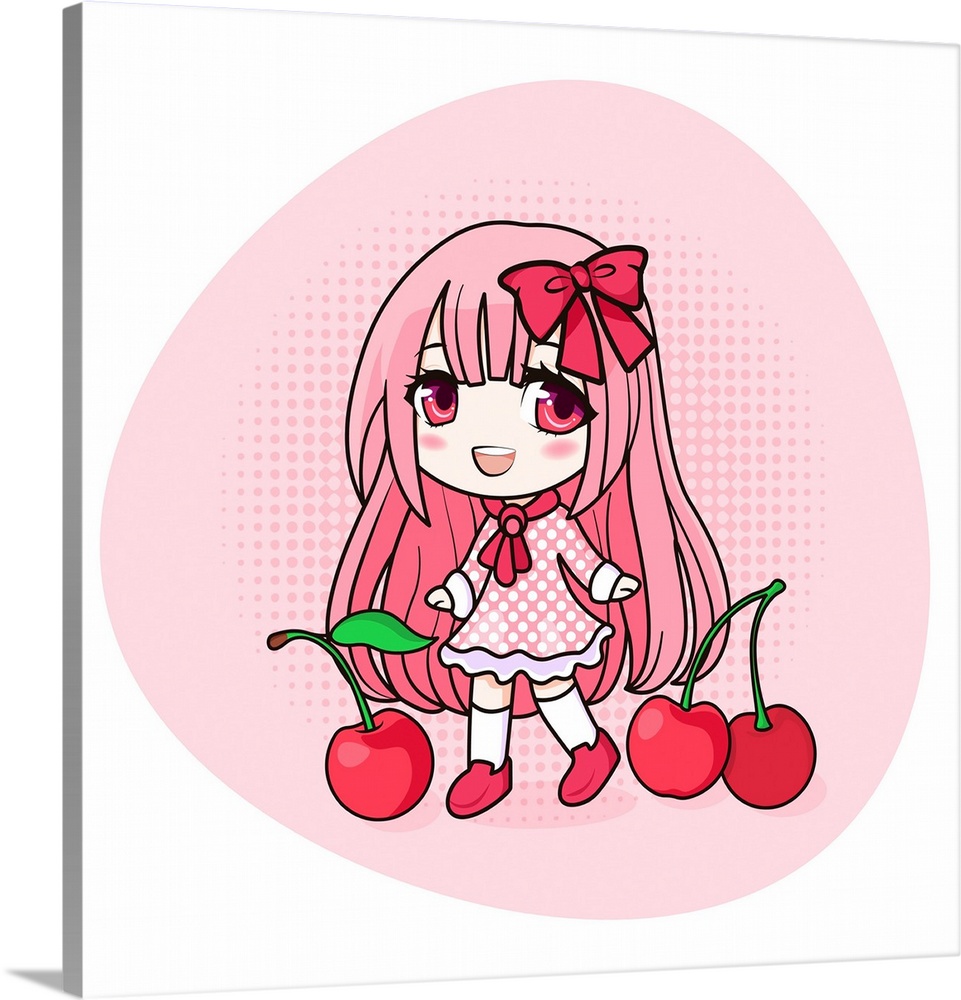 Cute and kawaii girl with pink hair. Happy manga chibi girl with cherries. Originally a vector illustration.