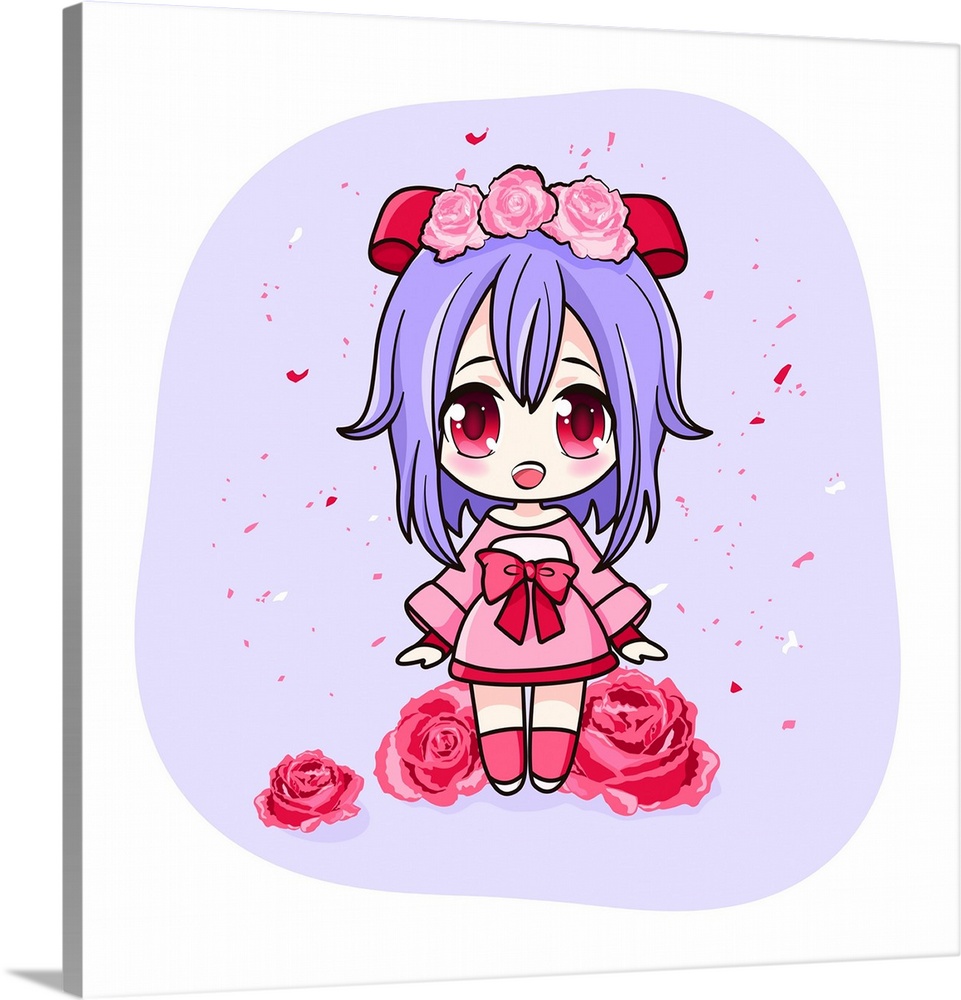 Cute and kawaii girl in dress with roses. Manga chibi girl with red and pink flowers. Originally a vector illustration.