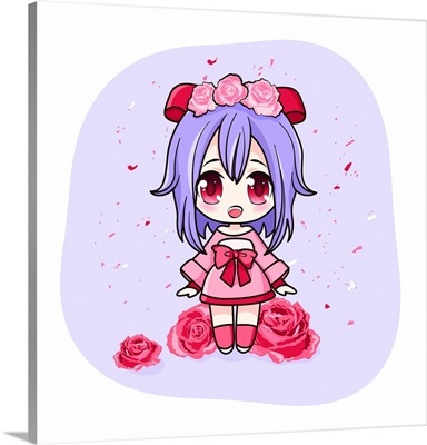 Chibi Girl With Red And Pink Roses