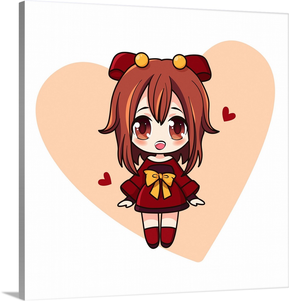 Cute and kawaii girl in dress with hearts. Happy manga chibi girl with red hearts. Originally a vector illustration.