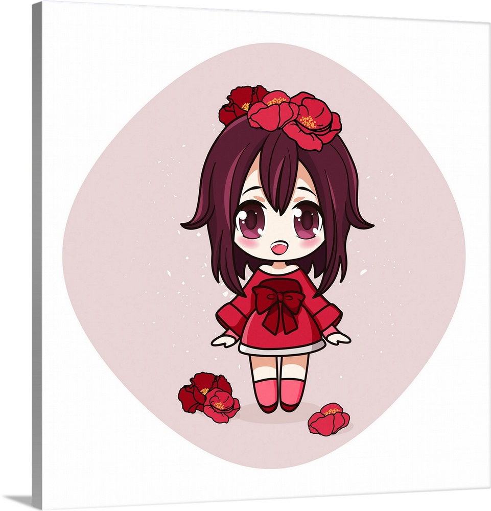 Cute and kawaii girl in dress with poppies. Happy manga chibi girl with red flowers. Originally a vector illustration.