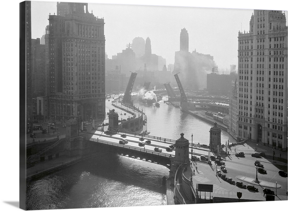 Chicago, Illinois, Jack Knife Bridge. The Michigan Avenue Bridge is in the foreground.