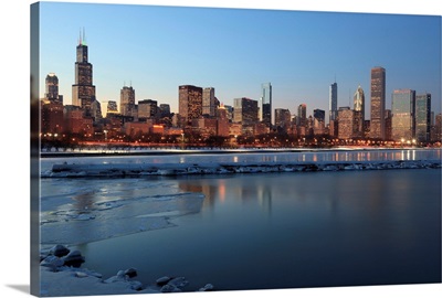 Chicago, Illinois skyline across frozen Lake Michigan