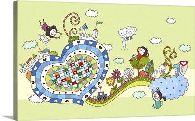 Children playing by heart shape road