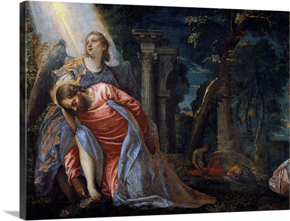 Christ in the garden supported by an angel, by Italian painter Paolo Veronese 1528-1588. Oil on canvas, 108 x 80 cm, c.158...