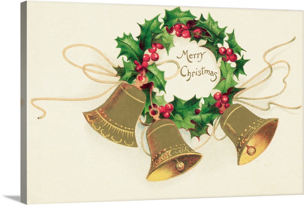 Christmas postcard: A trio of bells hang from a wreath of holly surrounding a caption reading Merry Christmas. Undated pos...