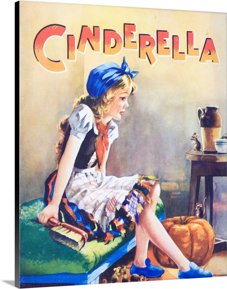 A book illustration of Cinderella, shown dressed for house cleaning with the pumpkin and friendly mice. This classic folk ...