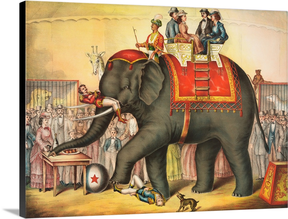 Circus elephant performing with riders on its back, printed by Gibson
