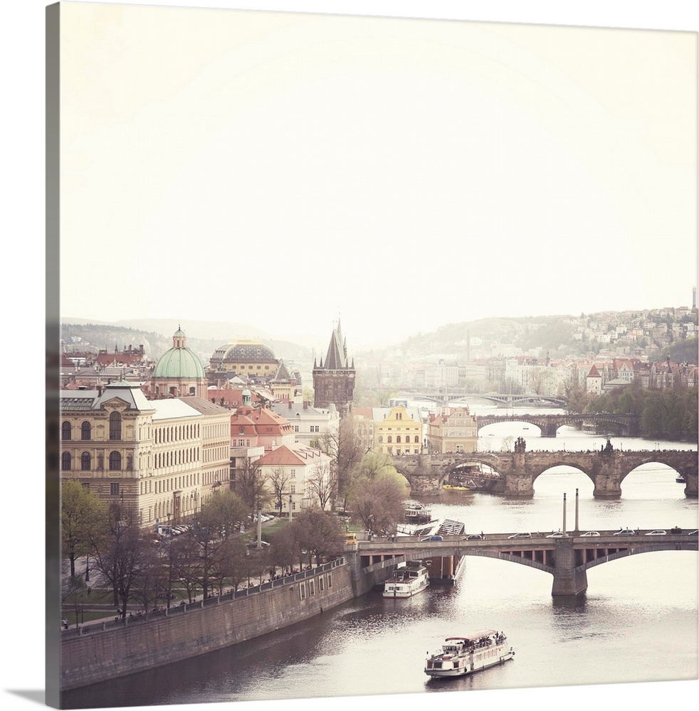 City of Prague with bridges including Charles bridge crossing Vltava river.