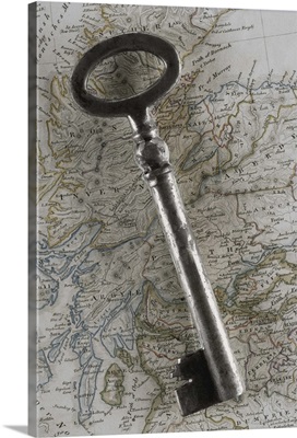 Close-up of a key on a map