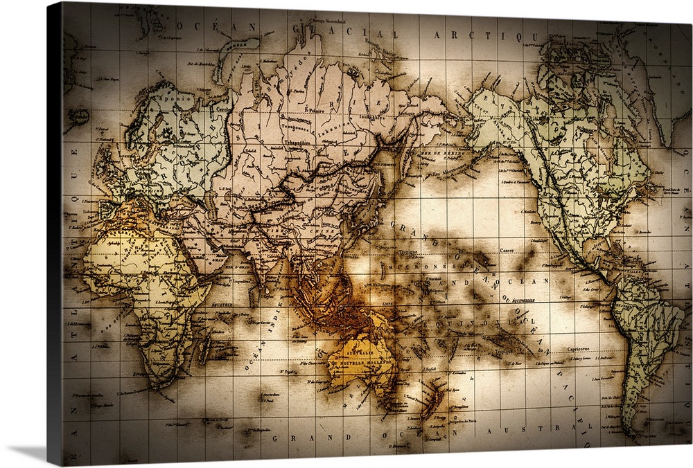 Horizontal, large wall picture of an antique world map with a dark vignette around the edges, and dark age spots throughout.