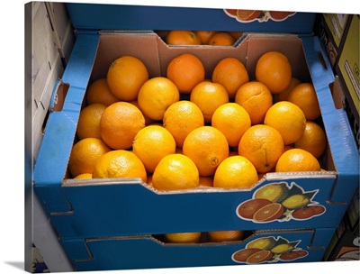 Close up of boxes of oranges