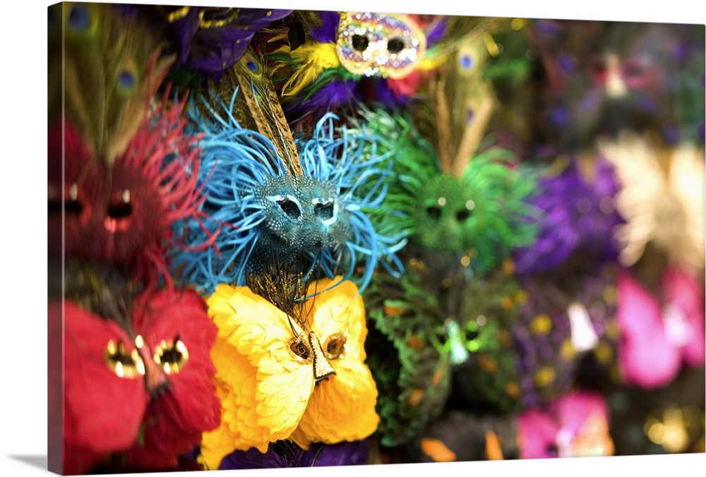 Close-up of colorful miniature masks in a New Orleans souvenier shop.