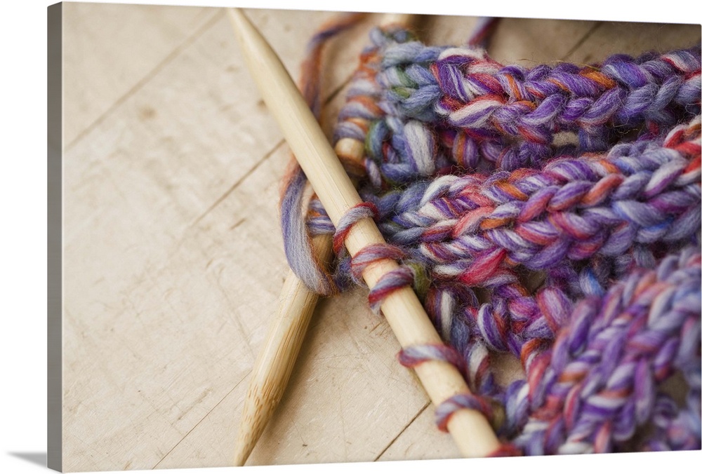 Close-up of knitting needles and yarn