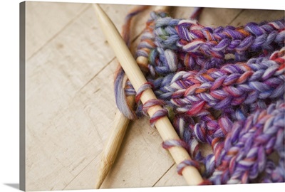 Close up of knitting needles and yarn