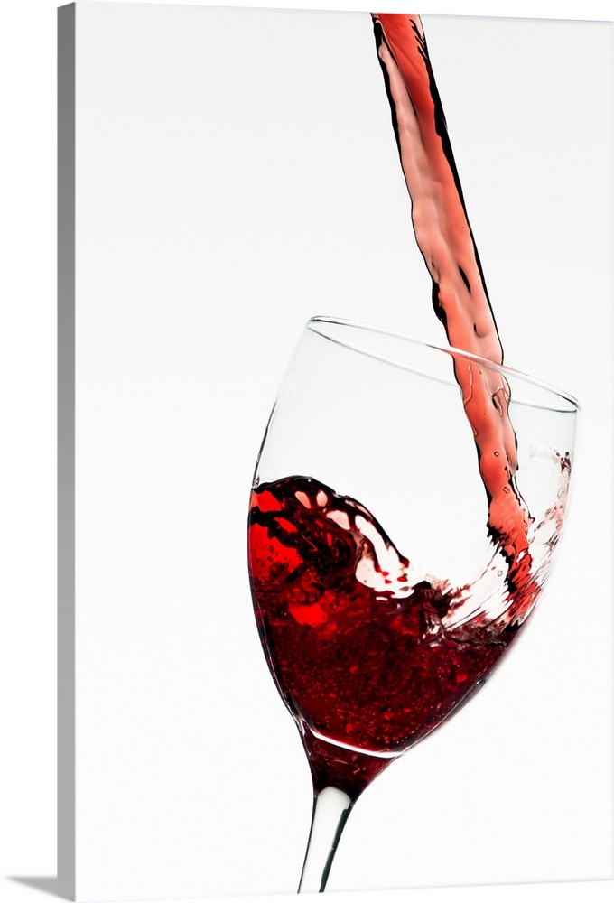 Vertical photograph on a large wall hanging of a stream of red wine as it's poured into a slightly tilted, clear wine glas...