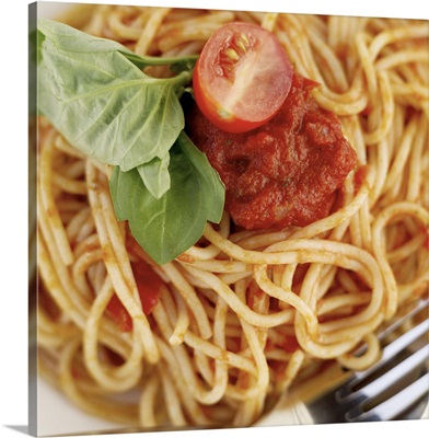 close-up of spaghetti garnished with basil