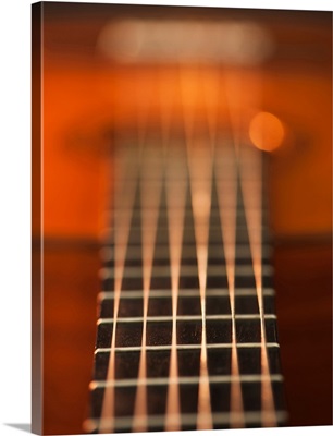 Close up of strings of acoustic guitar