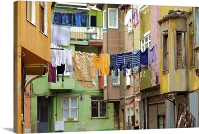 Clothes hanging from apartment buildings, Turkey