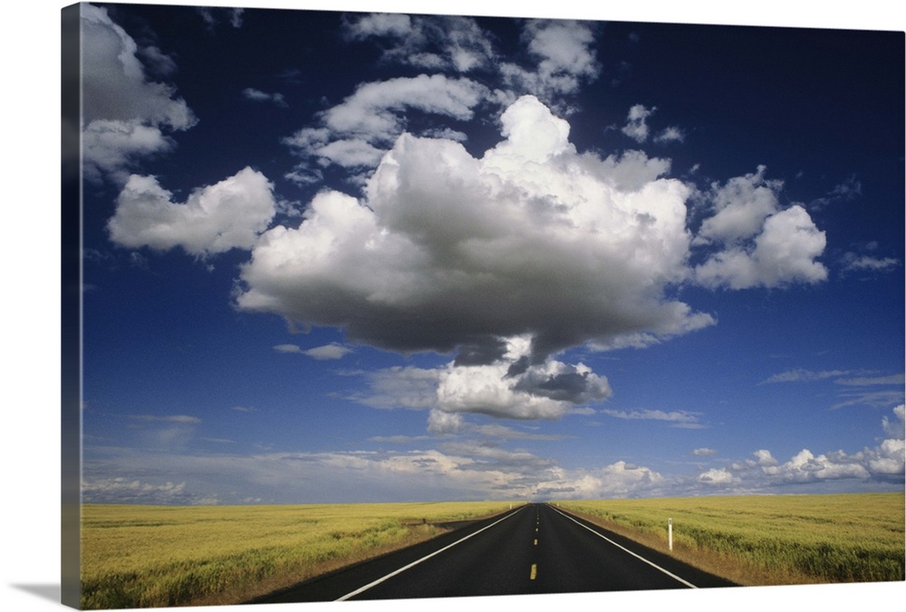 Dramatic clouds float over highway that travels through field of wheat in Southeastern Washington.