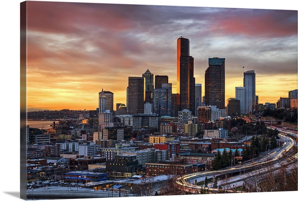 Columbia center and downtown Seattle, Seattle WA, at sunset. Wall Art, Canvas Prints, Framed