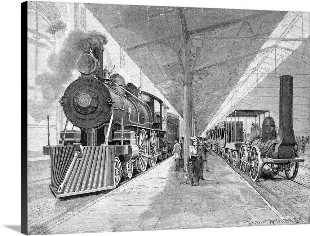 Columbian World's Fair exhibit of the New York Central and Hudson River Railroad. Left is Engine 999--1893; right is the D...