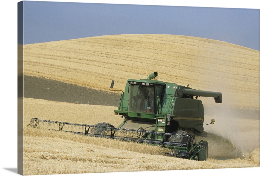 Combine harvester harvesting golden wheat, late Summer, Washington State, USA