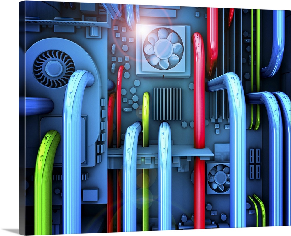 Fantasy or futuristic computer or PC interior containing multicolored overlapping cooling pipes and complex circuitry