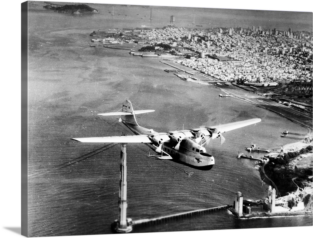 The China Clipper is shown flying over the incomplete Golden Gate Bridge.