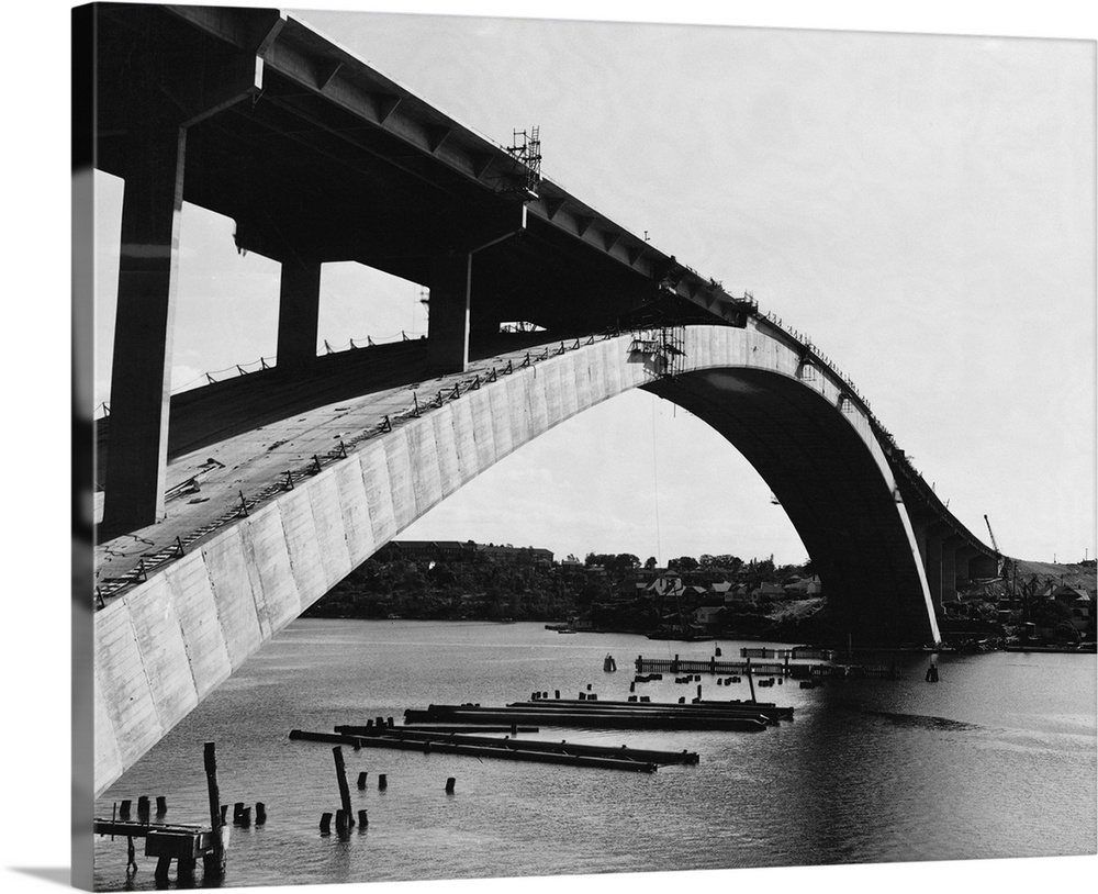 The construction of the Gladesville Bridge in Sydney, which when completed will be the world's largest single span concret...