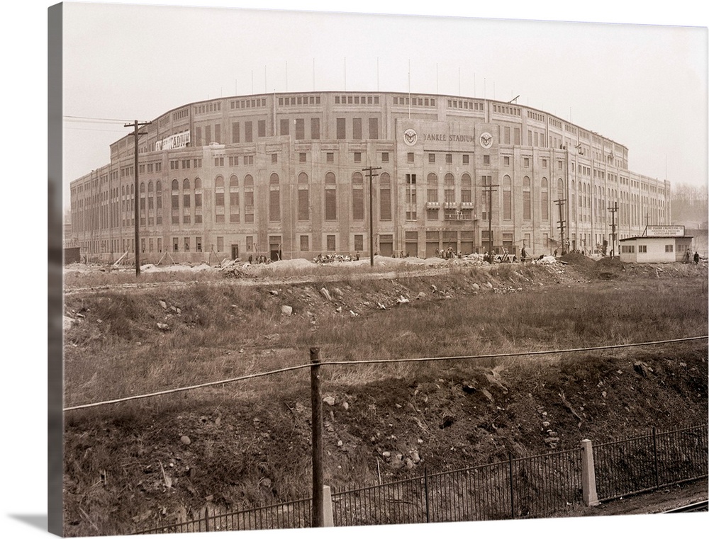 4/3/1923- Bronx, NYC, NY- View of the outside wall of Yankee Stadium, construction nearly completed.