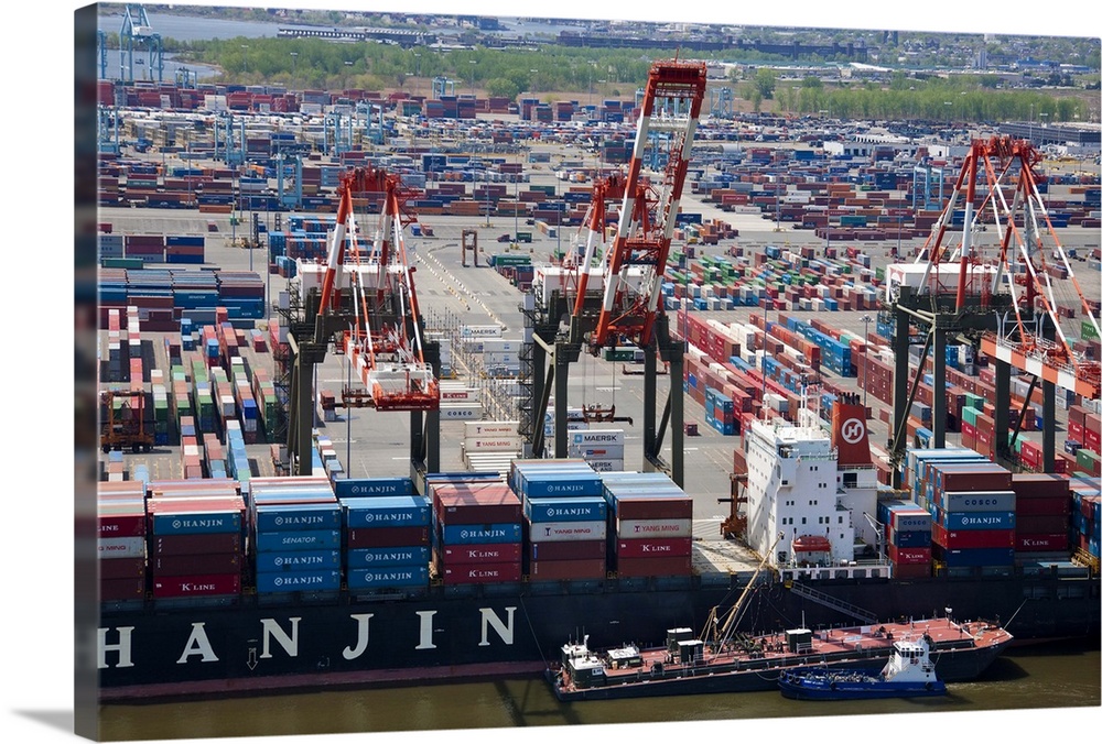 Aerial view of container ship docked at Bayonne, New Jersey, USA.