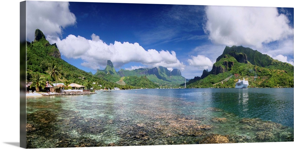 Mo'orea Island, French Polynesia.  Reef ,mountains, and a cruise ship.  Stitched from 4 portrait format images using PTGui...