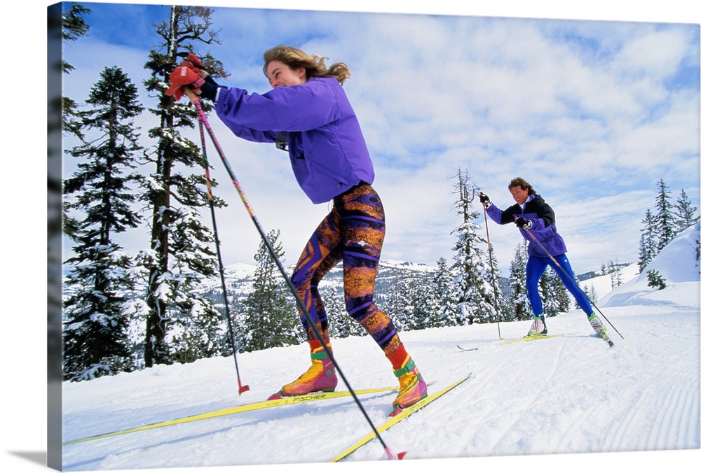 Couple cross-country (telemark or 'Nordic') skiing