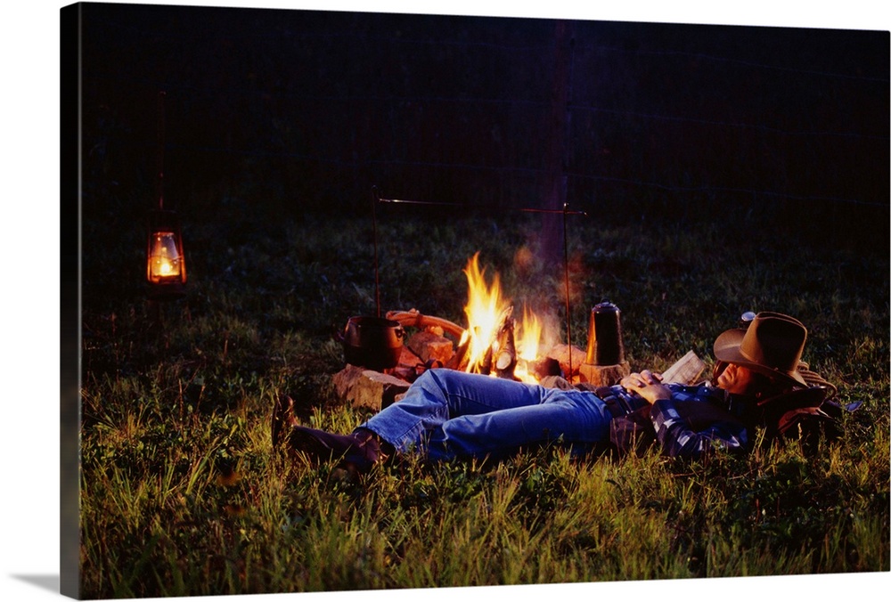 Cowboy Asleep By Campfire
