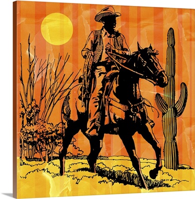 Cowboy Fiding Horseback In Desert