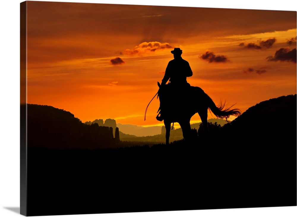 Cowboy is riding through a valley in the night. Composition of two images.
