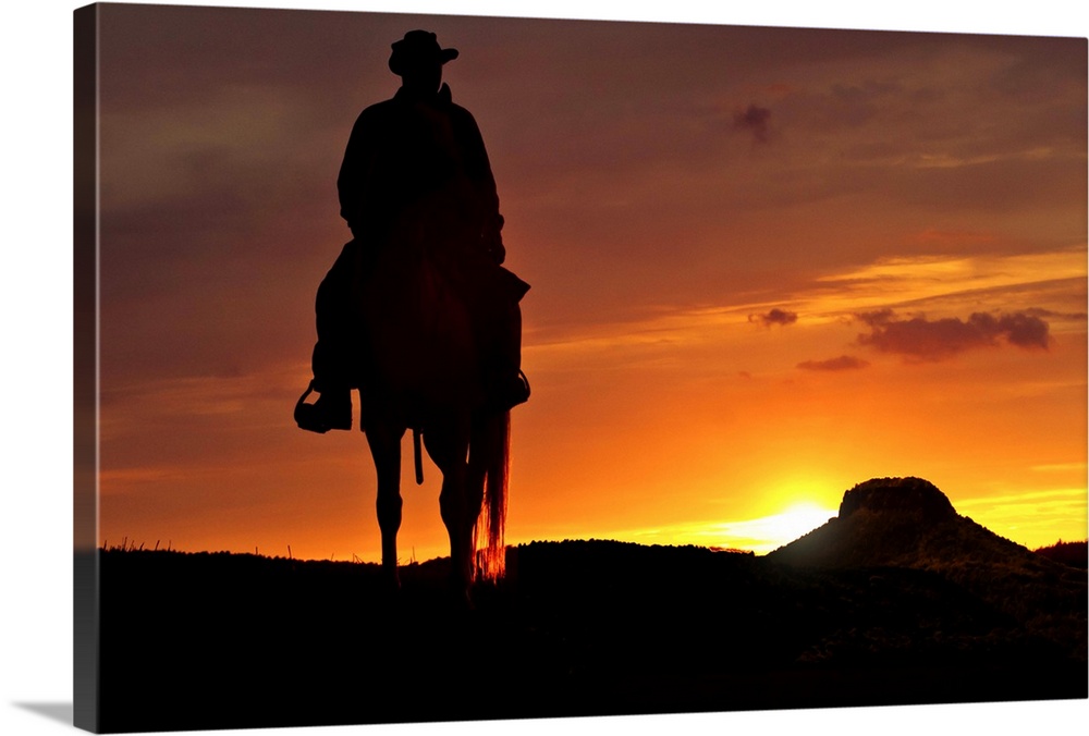 Contour cowboy with horse in the sunset. In the background, a table mountain.