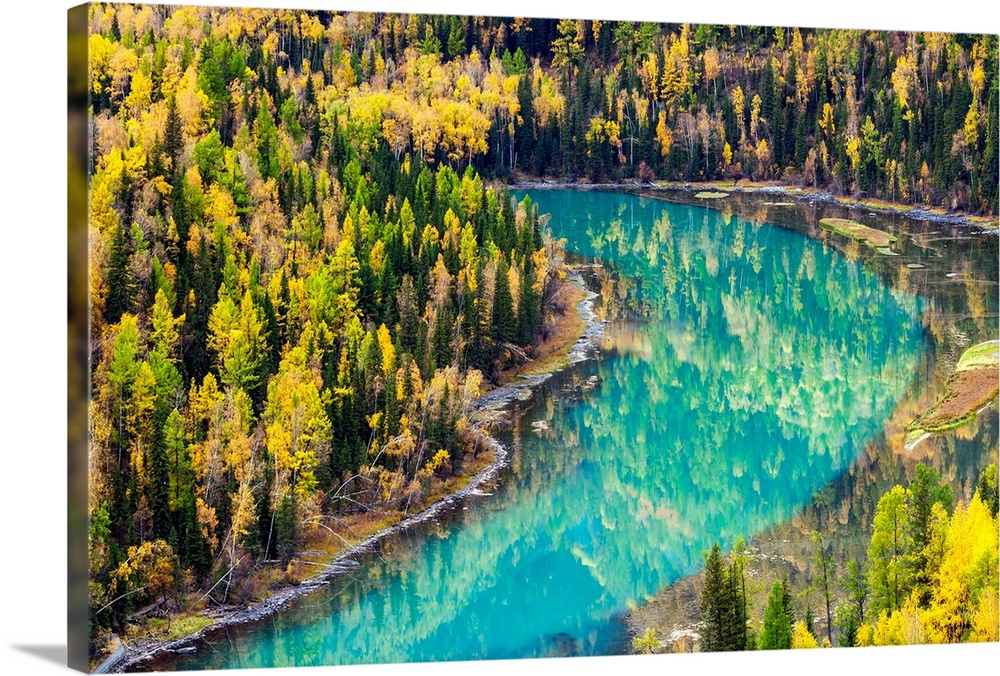 crescent-shaped river across forests. Beautiful landscape with the river at china Kanas River in autumn ,China Xinjiang sc...