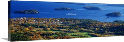 Cruise ship and Mount Desert Island, Acadia National Park, Maine