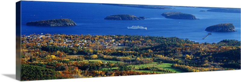 Cruise ship and Mount Desert Island, Acadia National Park, Maine ...