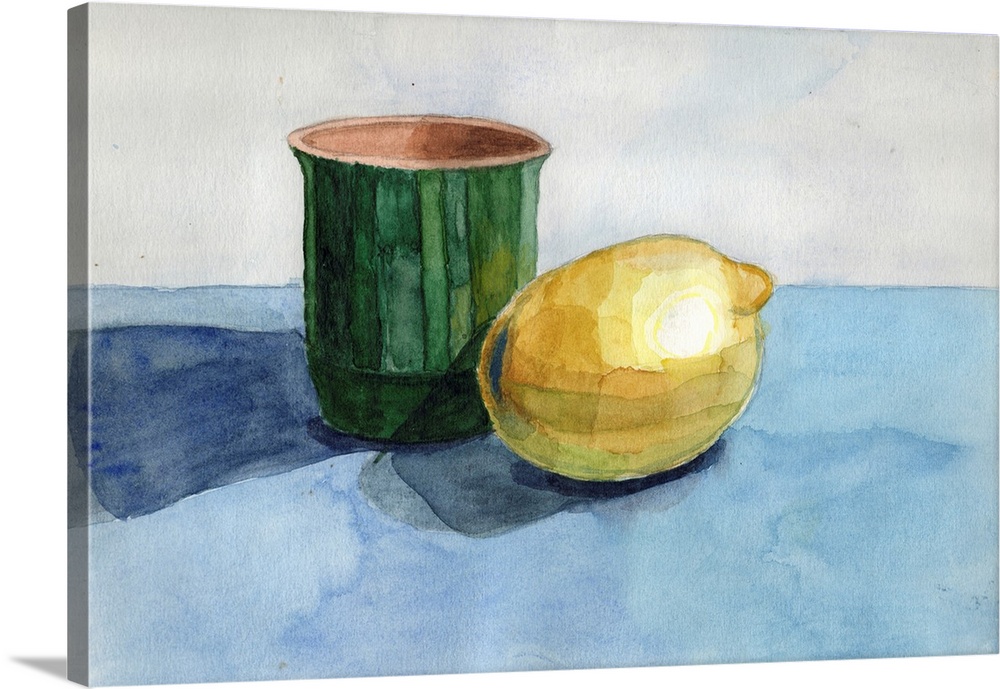 Watercolor cubism still life with glazed green ceramic jug and lemon fruit and blue tablecloth on a grey background.