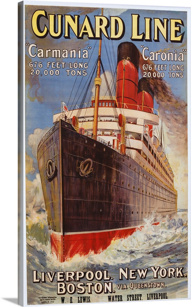 Poster from 1905, advertising the Carmania and Caronia ocean liners. Service to Liverpool, Boston, New York, via Queenstown.